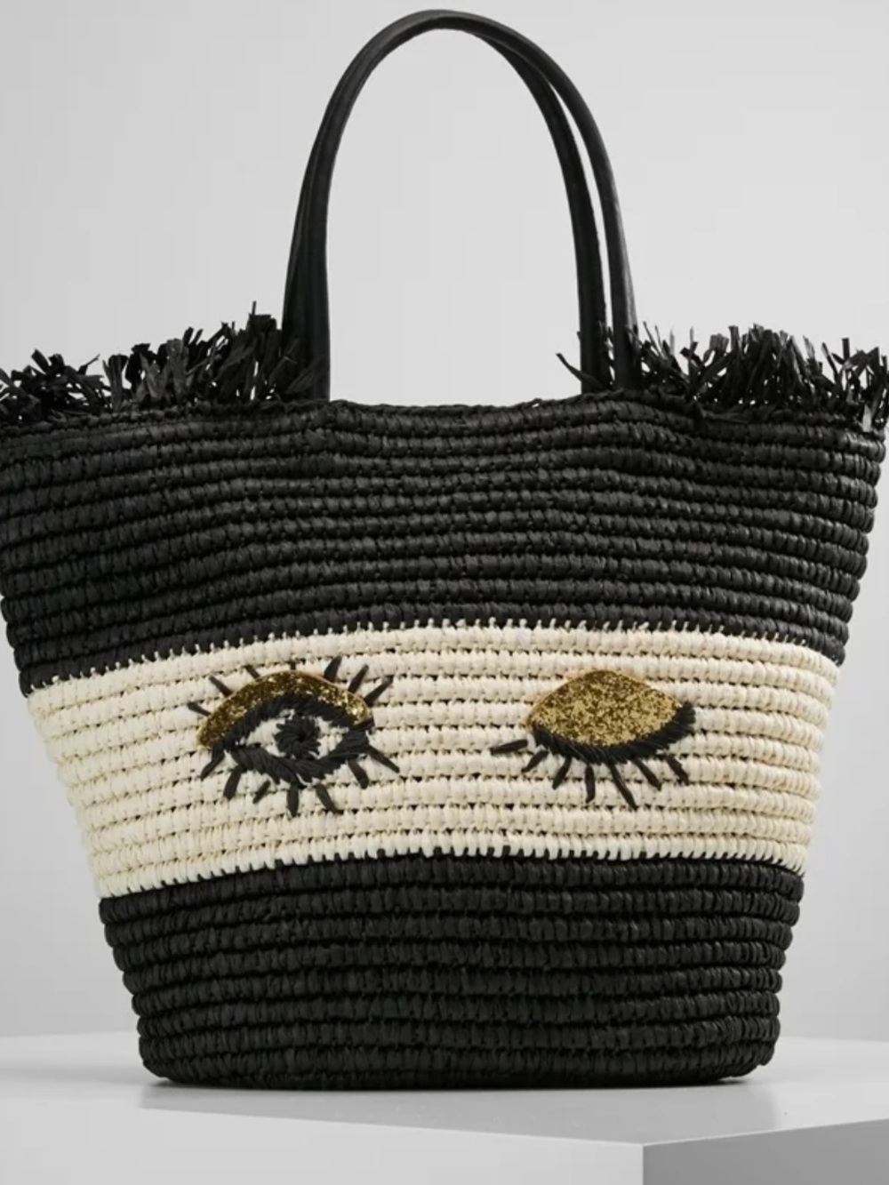 ALDO Tote Bag woven Black and Cream Straw eyes
